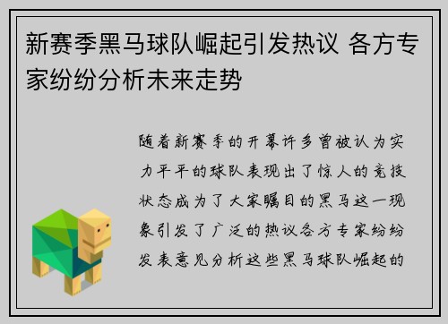 新赛季黑马球队崛起引发热议 各方专家纷纷分析未来走势