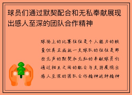 球员们通过默契配合和无私奉献展现出感人至深的团队合作精神