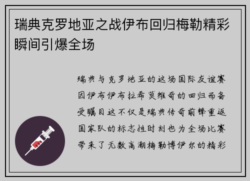 瑞典克罗地亚之战伊布回归梅勒精彩瞬间引爆全场